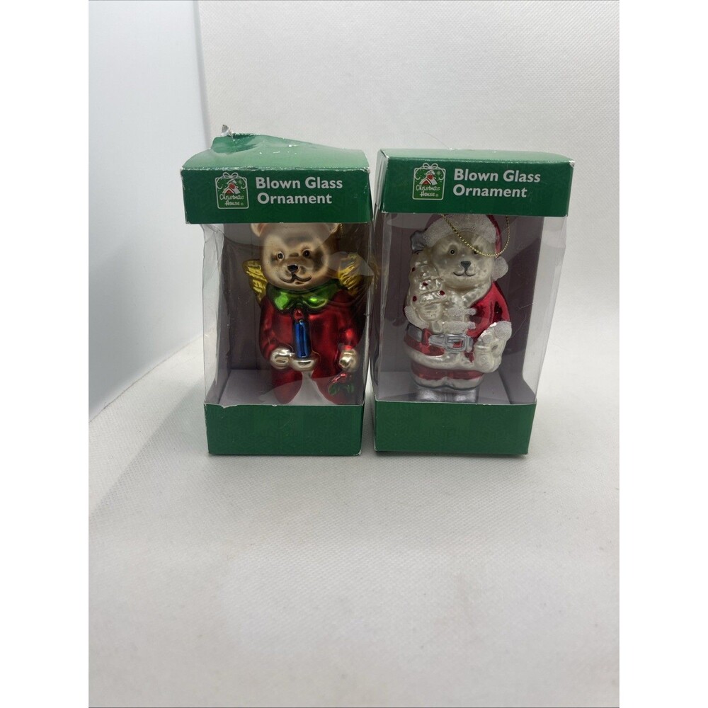 Hand Blown Glass Mini Christmas Ornaments Santa Bear & Santa Angel